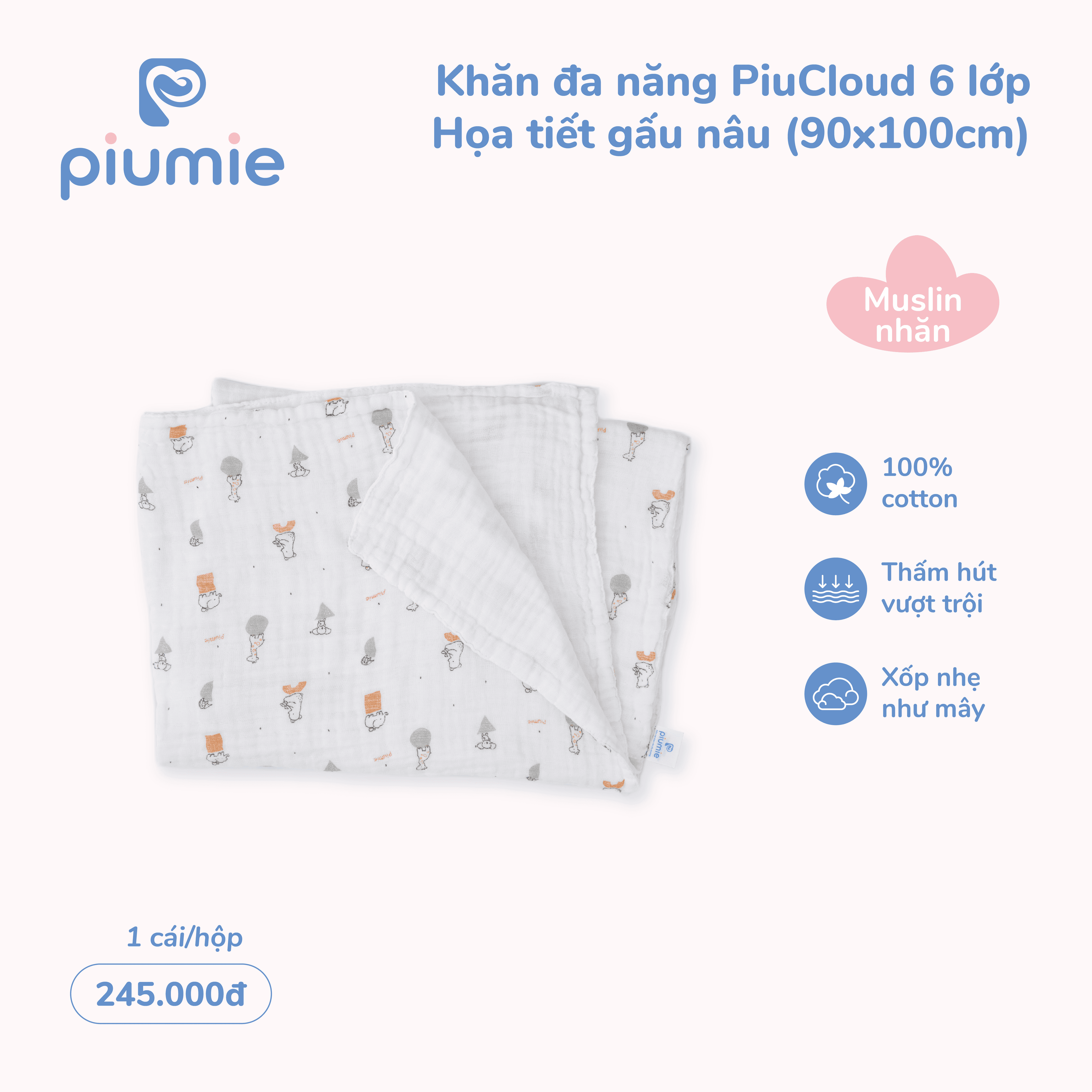 Khăn đa năng muslin nhăn Piu Cloud 6 lớp 7
