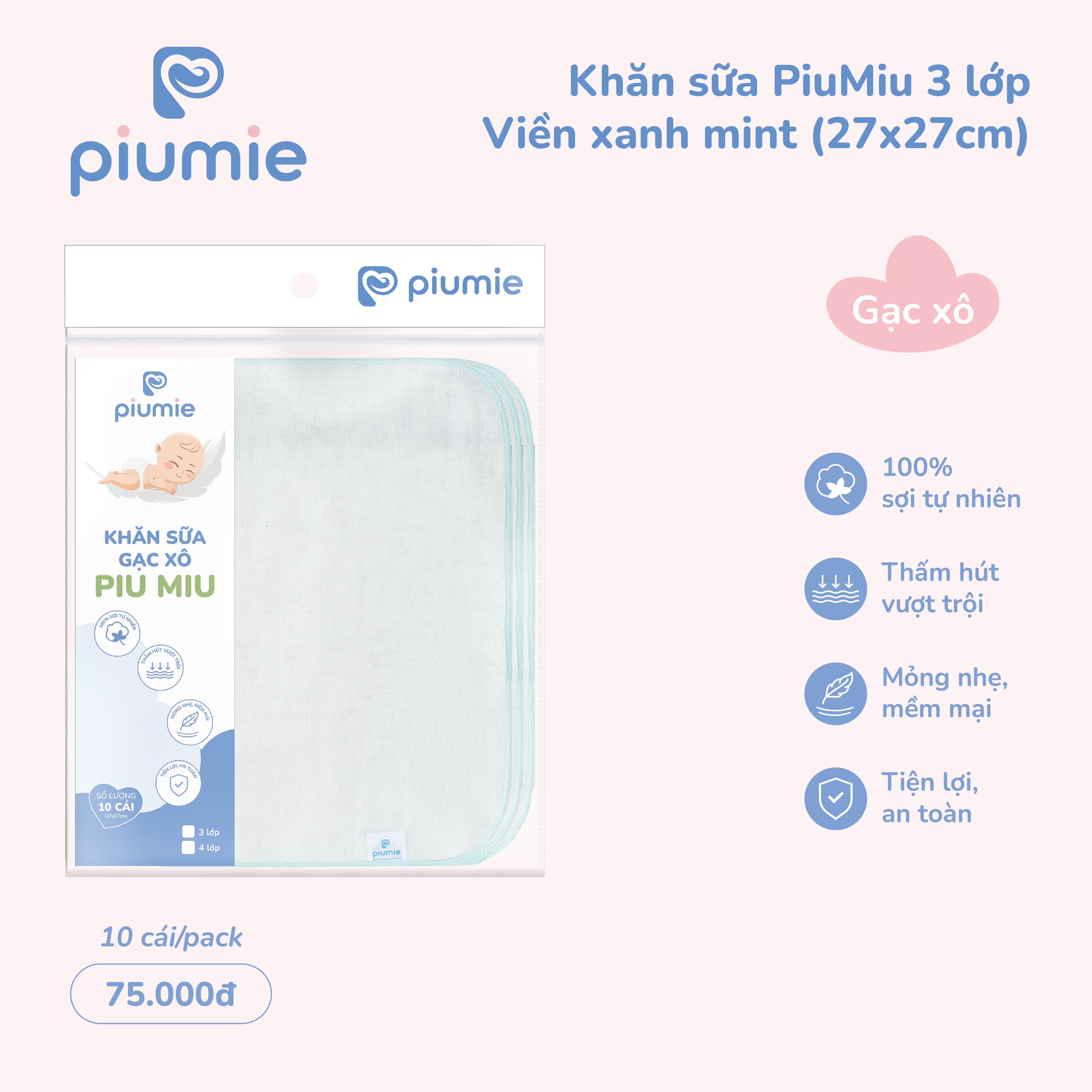 Khăn sữa gạc xô cotton Piu Miu 3 lớp - túi 10 chiếc 3