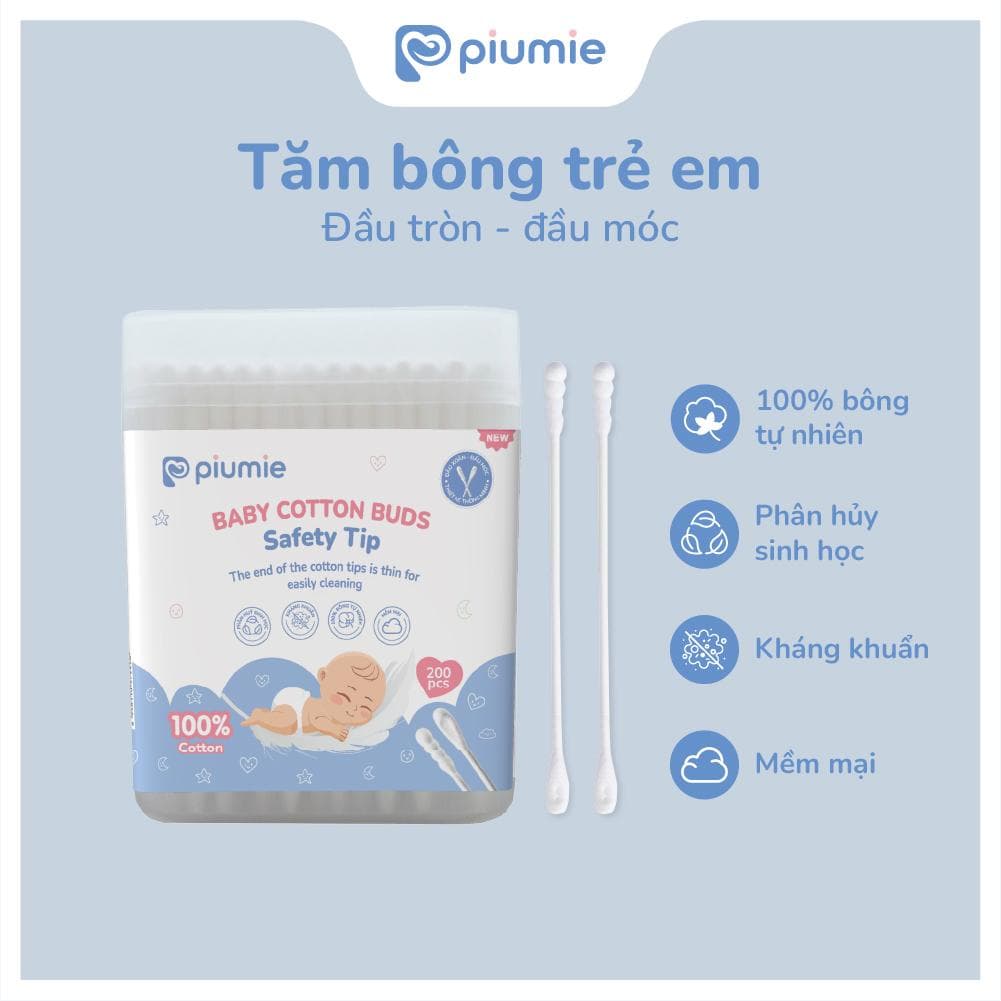 < Combo 05 hộp> Tăm bông trẻ em Piumie 2 đầu vệ sinh tai mũi, an toàn & lành tính cho trẻ sơ sinh - Hộp 200c