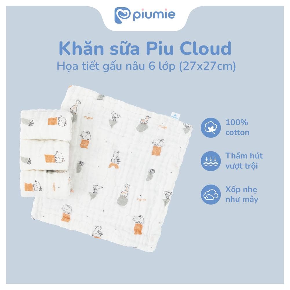 < Combo 5 hộp - 25 khăn sữa> Hộp 5 Khăn sữa muslin nhăn Piumie 6 lớp cho bé sơ sinh - Sợi cotton muslin cao cấp, mỏng nhẹ thoáng khí
