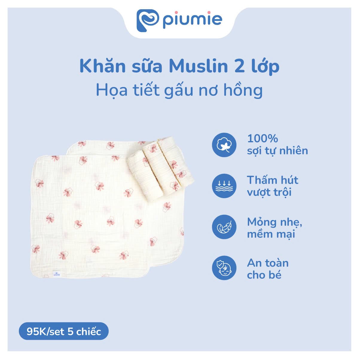 Khăn sữa muslin Piu Muslin 2 lớp - hộp 5 chiếc