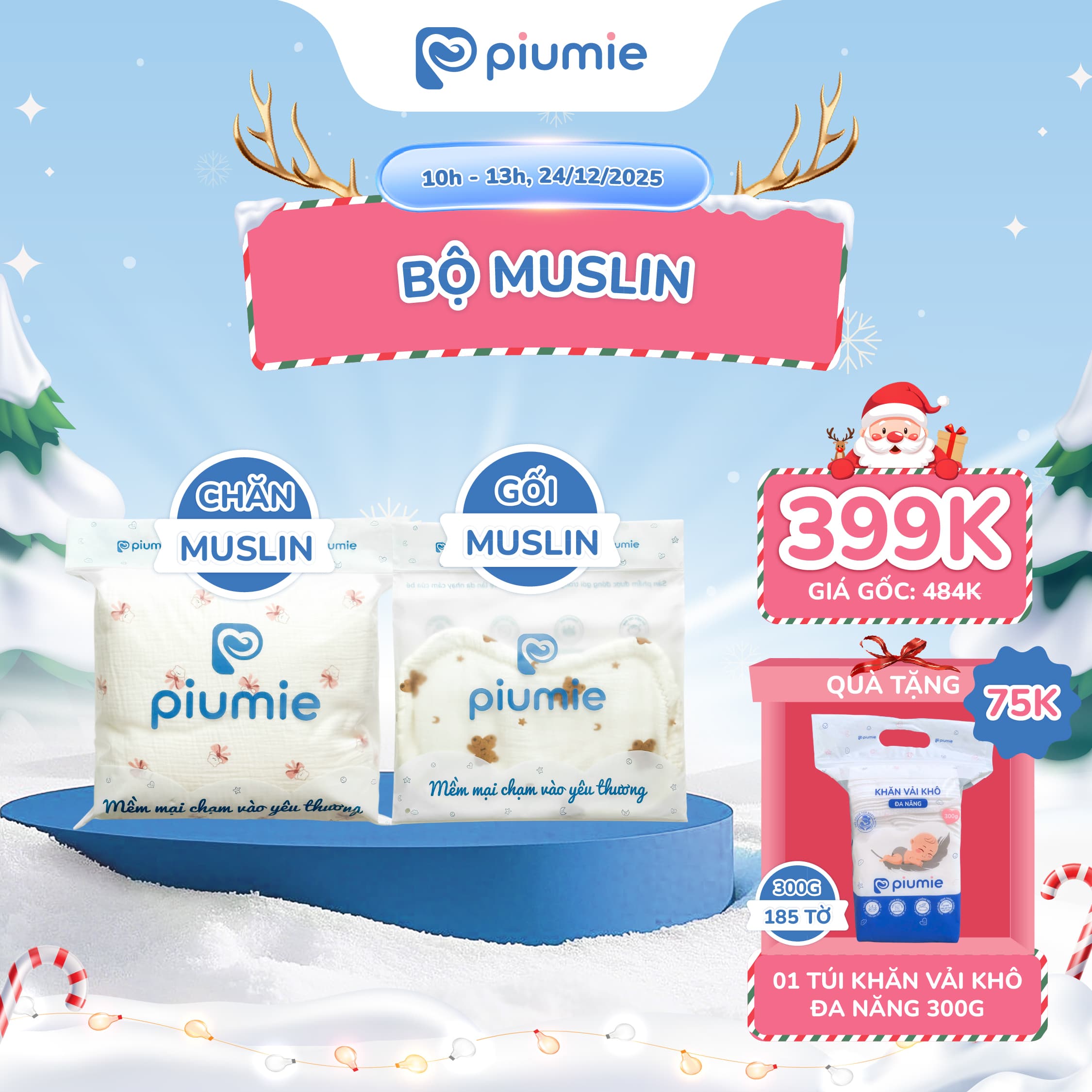 Combo Muslin nhung hạt đậu + gối lót đầu sơ sinh