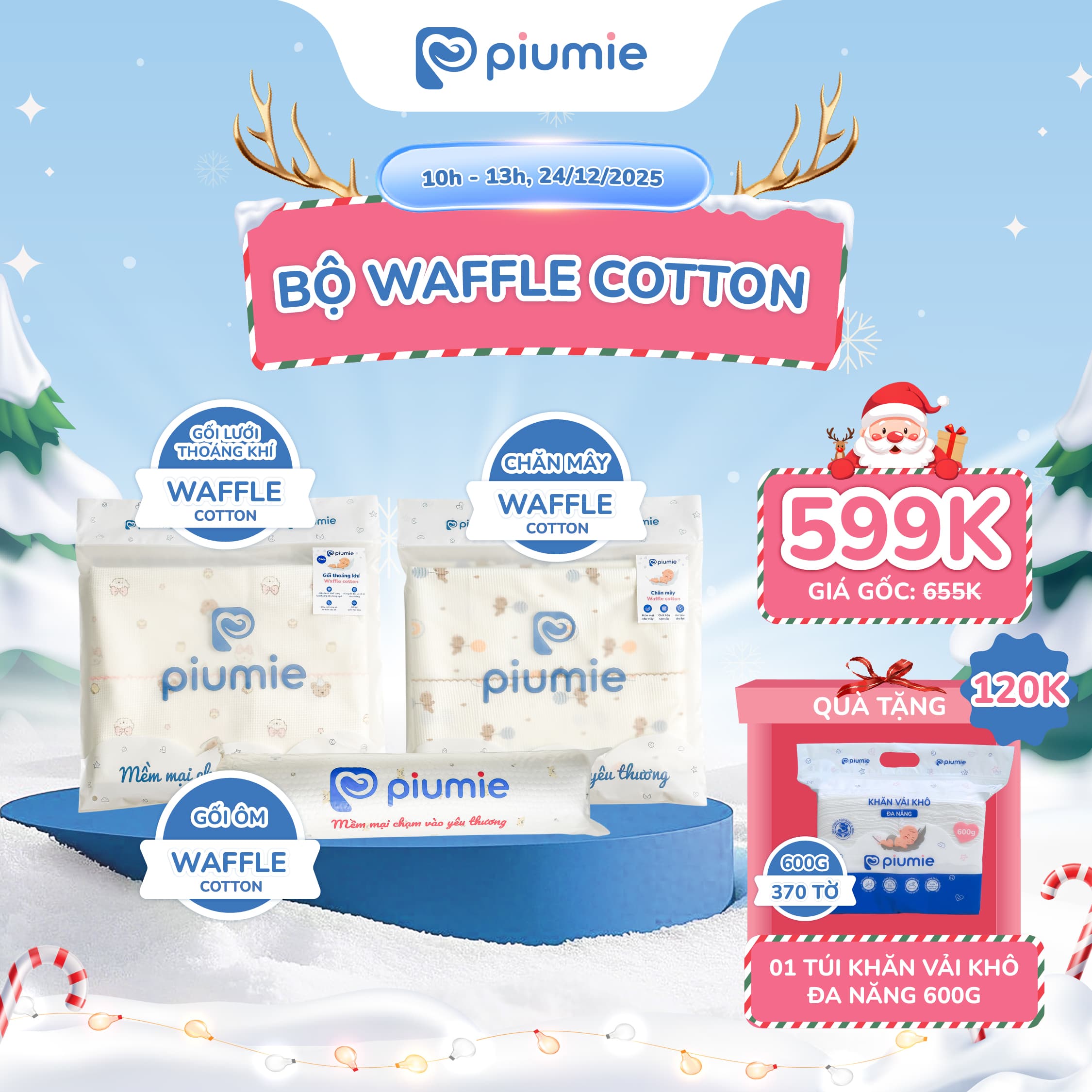 Combo chăn, gối, gối ôm Waffle cotton