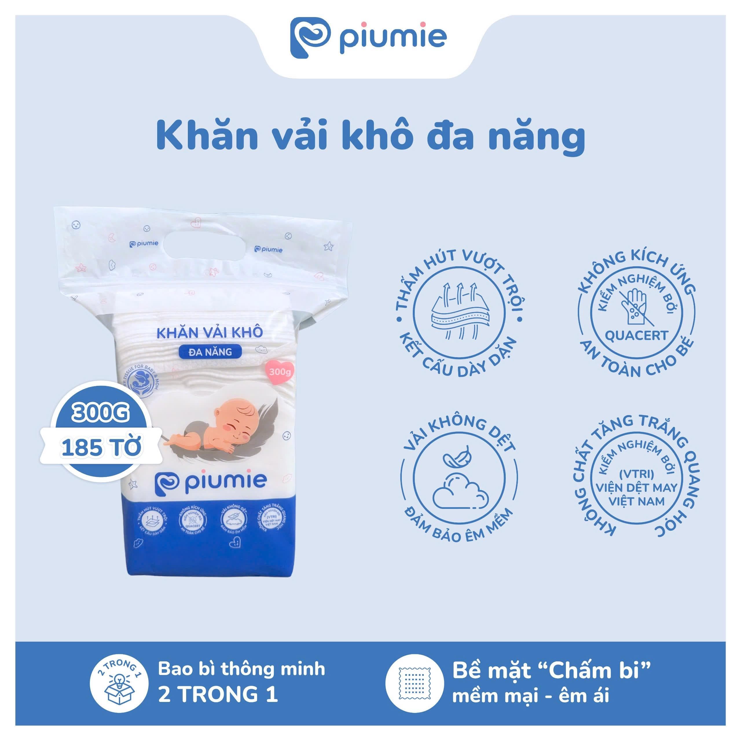 Tặng 1 Khăn khô 300g -  Combo khăn khô đa năng cho bé cao cấp PIUMIE 900g + 600g, Vải không dệt thấm hút tốt, không kích ứng, mềm mại an toàn cho bé