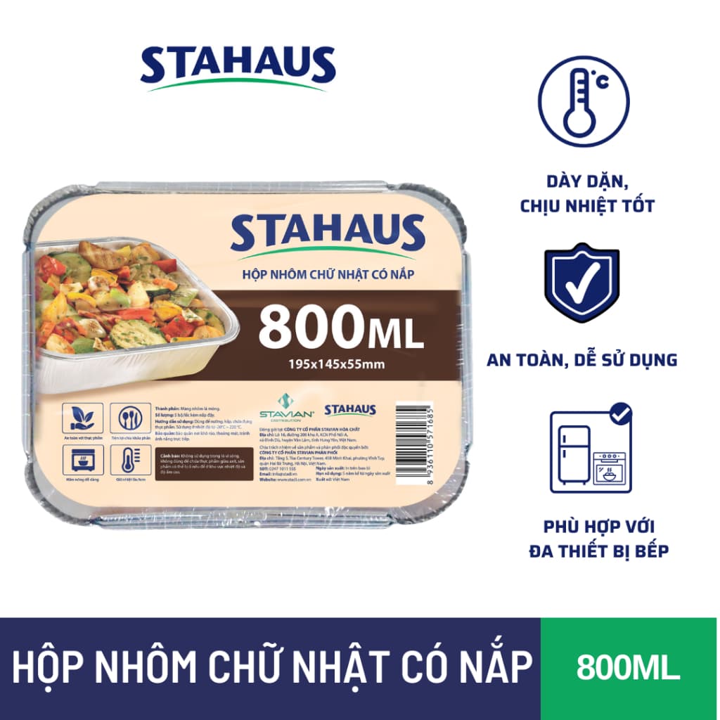 Hộp nhôm chữ nhật Có nắp STAHAUS 600ml/800ml - Nhôm cao cấp Chịu nhiệt tốt, An toàn sức khỏe - Đa năng tiện lợi nấu ăn 3