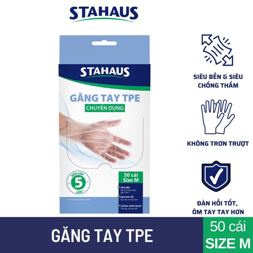 Bao Tay Thực Phẩm STAHAUS 5 Hộp 250 Cái - Găng Tay Nilon TPE Siêu Dai Chất Nhám Chống Thấm