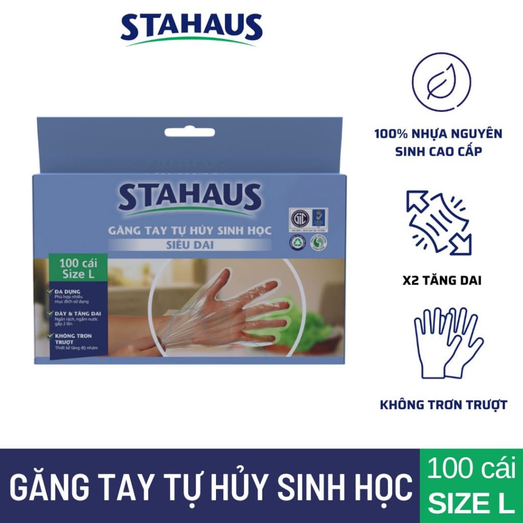 Bao Tay Thực Phẩm Tự Hủy STAHAUS Siêu Dai 100 Cái - Găng Tay Nilon Dùng 1 Lần Size L