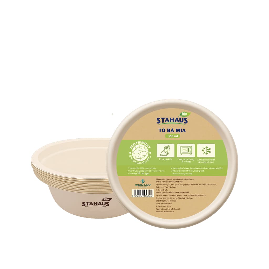 Combo 5 Gói 50 Tô/Bát bã mía STAHAUS 350ml 100% Xơ Tự nhiên, An toàn dùng lò vi sóng, Thân thiện môi trường