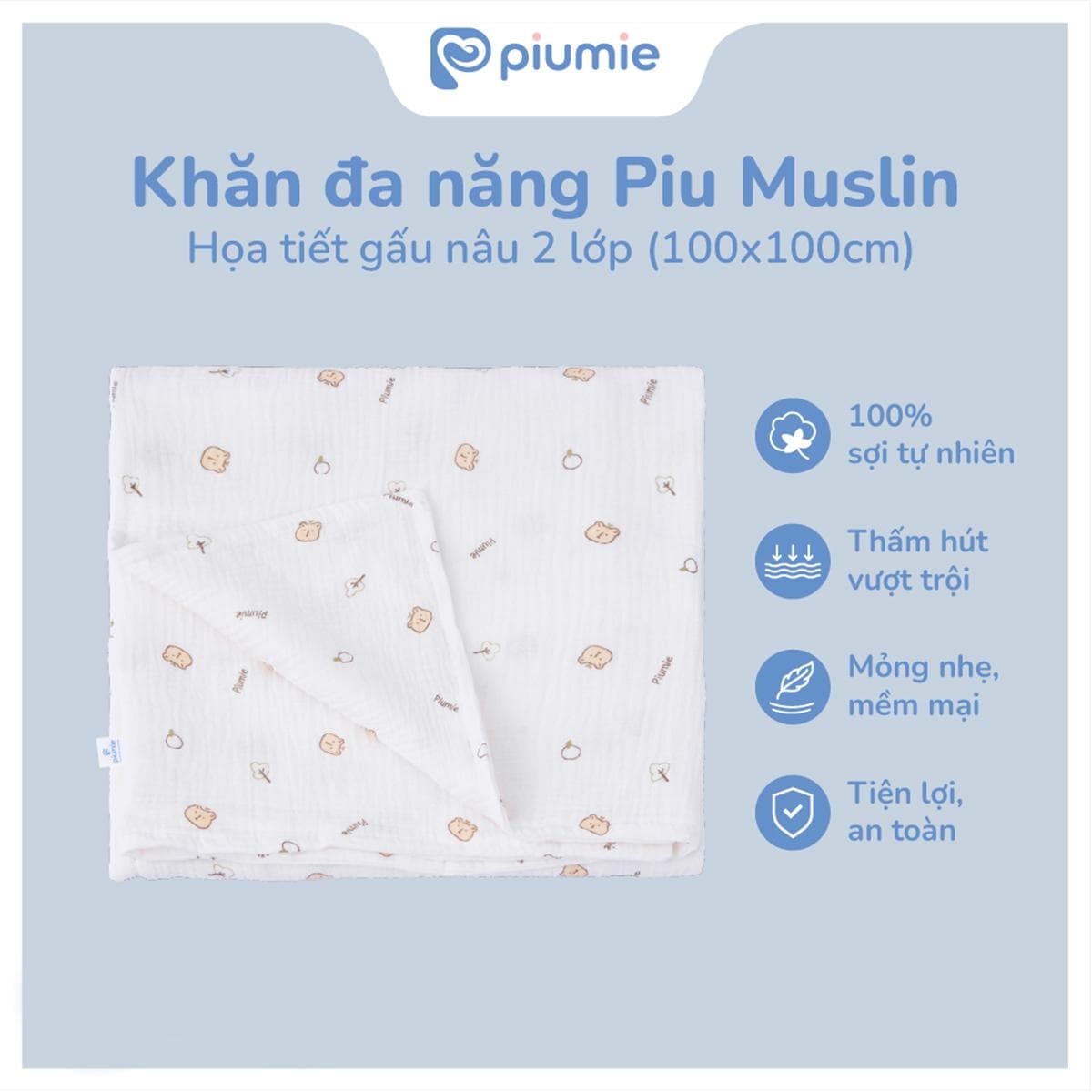 < Combo 3 khăn > Khăn tắm, choàng ủ muslin cho bé sơ sinh - Khăn đa năng Piumie 2 lớp mềm mượt, thấm hút nhanh 3