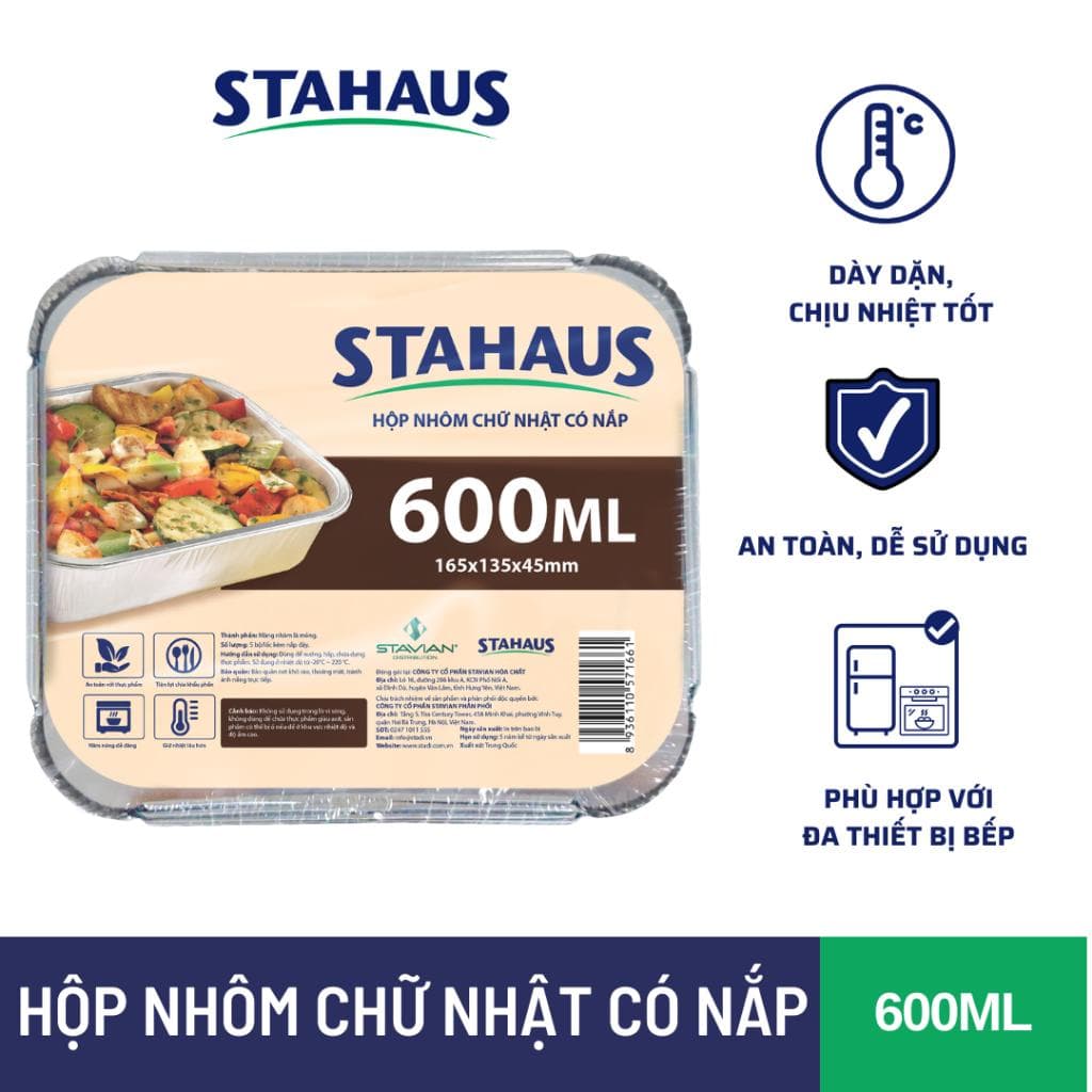 Hộp nhôm chữ nhật Có nắp STAHAUS 600ml/800ml - Nhôm cao cấp Chịu nhiệt tốt, An toàn sức khỏe - Đa năng tiện lợi nấu ăn