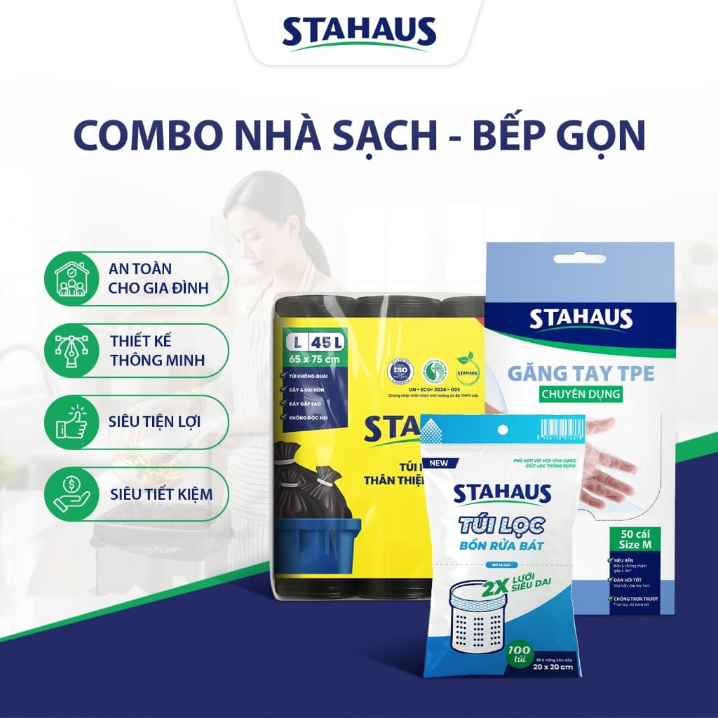 Combo Nhà sạch Bếp gọn STAHAUS - Găng tay TPE, Túi lọc bồn rửa, Túi rác - Tiện lợi, phù hợp cho gia đình