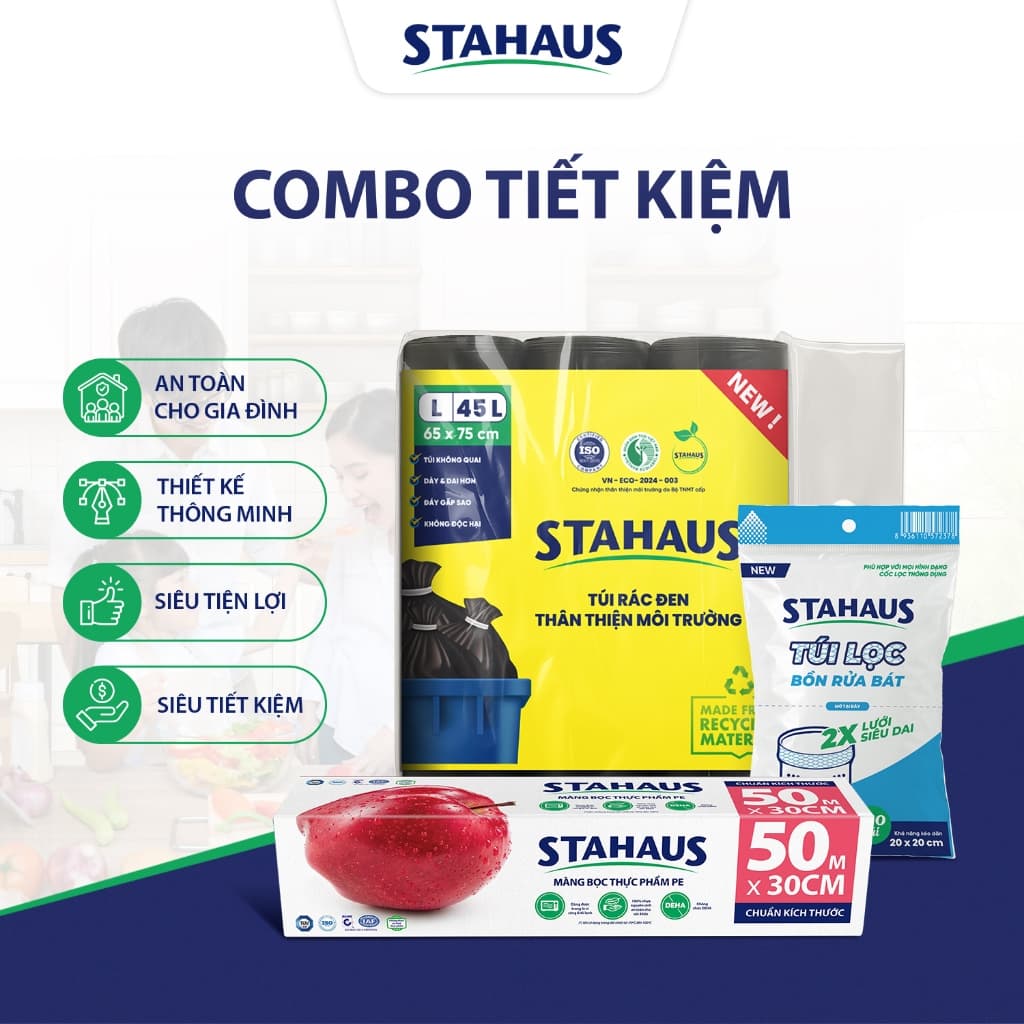 Combo Tiết kiệm STAHAUS - Màng thực phẩm PE, Túi lọc bồn rửa, Túi rác phân hủy sinh học - Giá rẻ thiết yếu cho gia đình