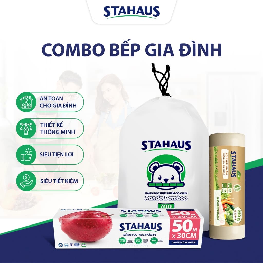 Combo Bếp Gia đình STAHAUS - Màng bọc có chun, Màng bọc PE, Túi thực phẩm phân hủy sinh học - Cho thực phẩm tươi lâu