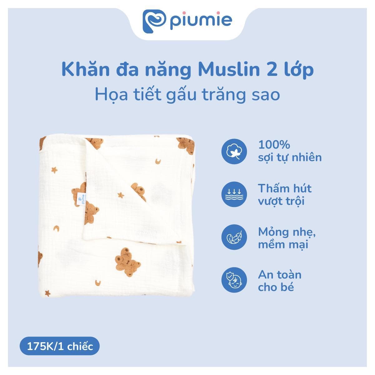 < Combo 3 khăn > Khăn tắm, choàng ủ muslin cho bé sơ sinh - Khăn đa năng Piumie 2 lớp mềm mượt, thấm hút nhanh 6