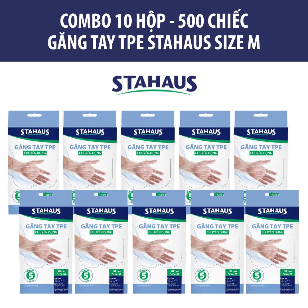 Combo 10 Hộp (500c) Găng tay TPE STAHAUS SIÊU DAI Chất Nhám Cực Bền, Chống Thấm Nước Cực Tốt - Chính hãng An toàn 3