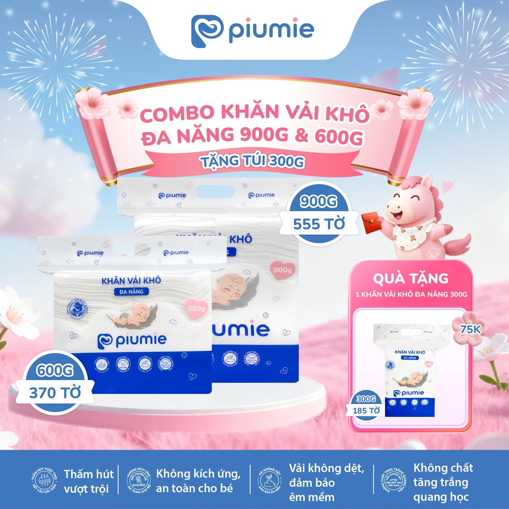 (Độc quyền mẹ Phương) Tặng 1 Khăn khô 300g -  Combo khăn khô đa năng cho bé cao cấp PIUMIE 900g + 600g, Vải không dệt thấm hút tốt, không kích ứng, mềm mại an toàn cho bé