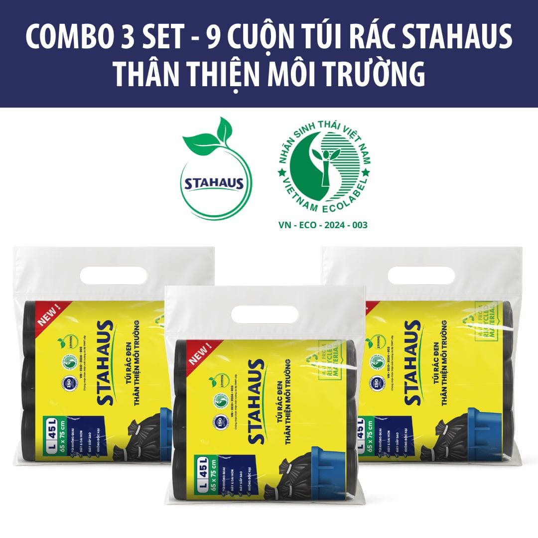 Combo 5 Set 15 Cuộn Túi rác tự phân hủy STAHAUS Siêu dai chắc, Ngăn rò nước, Tiện lợi Vệ sinh - Thân thiện Môi trường