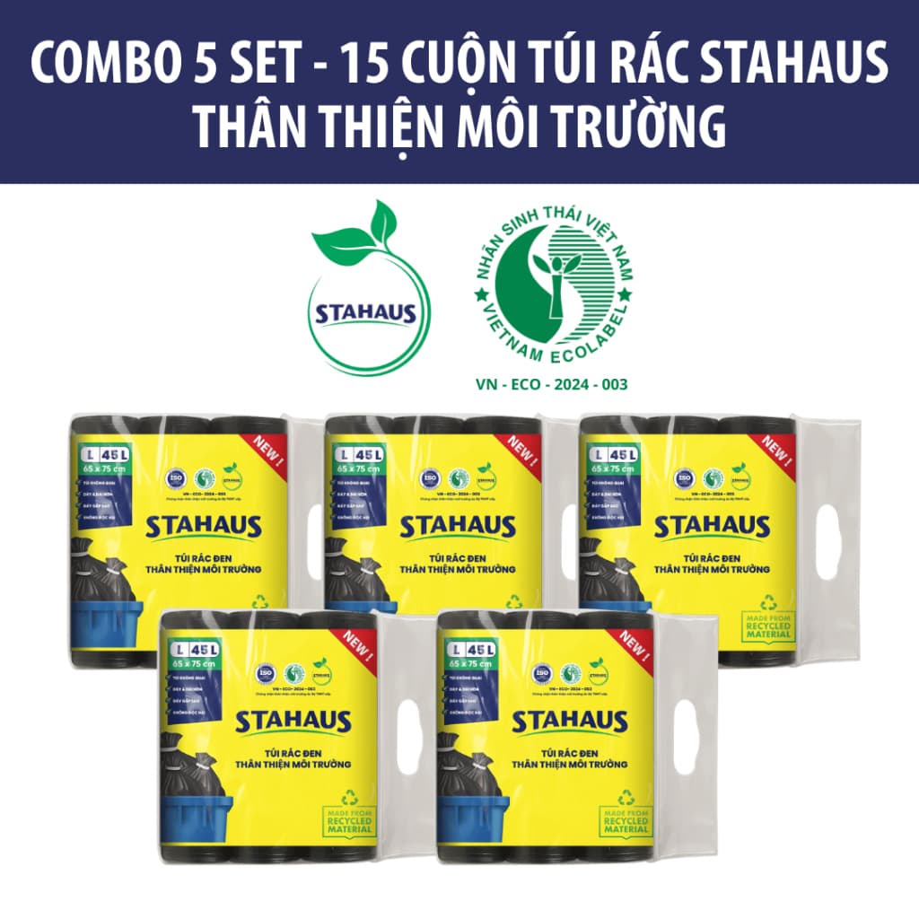 Combo 5 Set 15 Cuộn Túi rác tự phân hủy STAHAUS Siêu dai chắc, Ngăn rò nước, Tiện lợi Vệ sinh - Thân thiện Môi trường 5