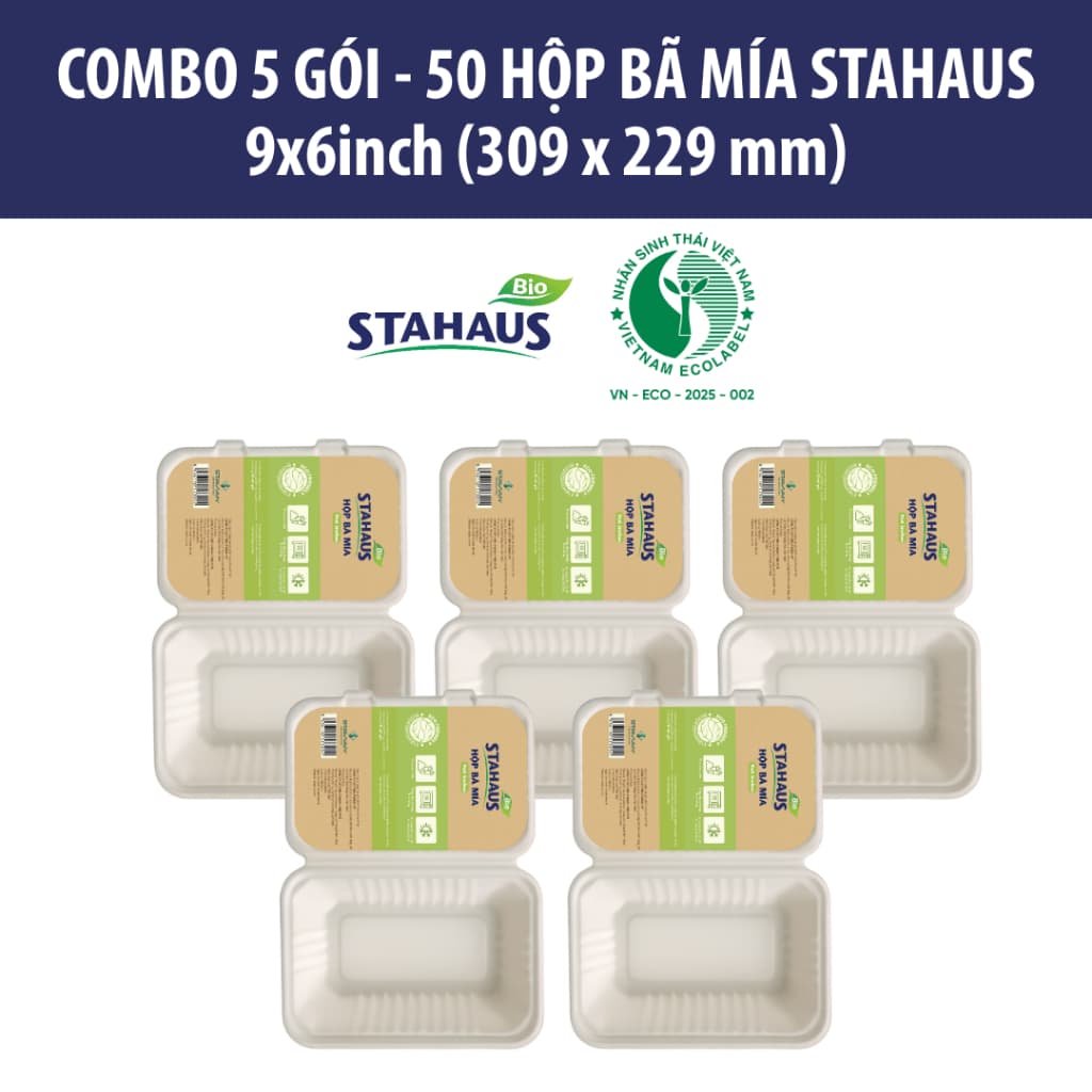 Combo 5 Gói 50 Hộp bã mía STAHAUS Đựng bánh, đồ ăn - 100% Xơ tự nhiên, Chịu nhiệt tốt, An toàn sức khỏe 5