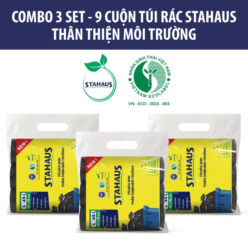 Combo 5 Set 15 Cuộn Túi rác tự phân hủy STAHAUS Siêu dai chắc, Ngăn rò nước, Tiện lợi Vệ sinh - Thân thiện Môi trường 4