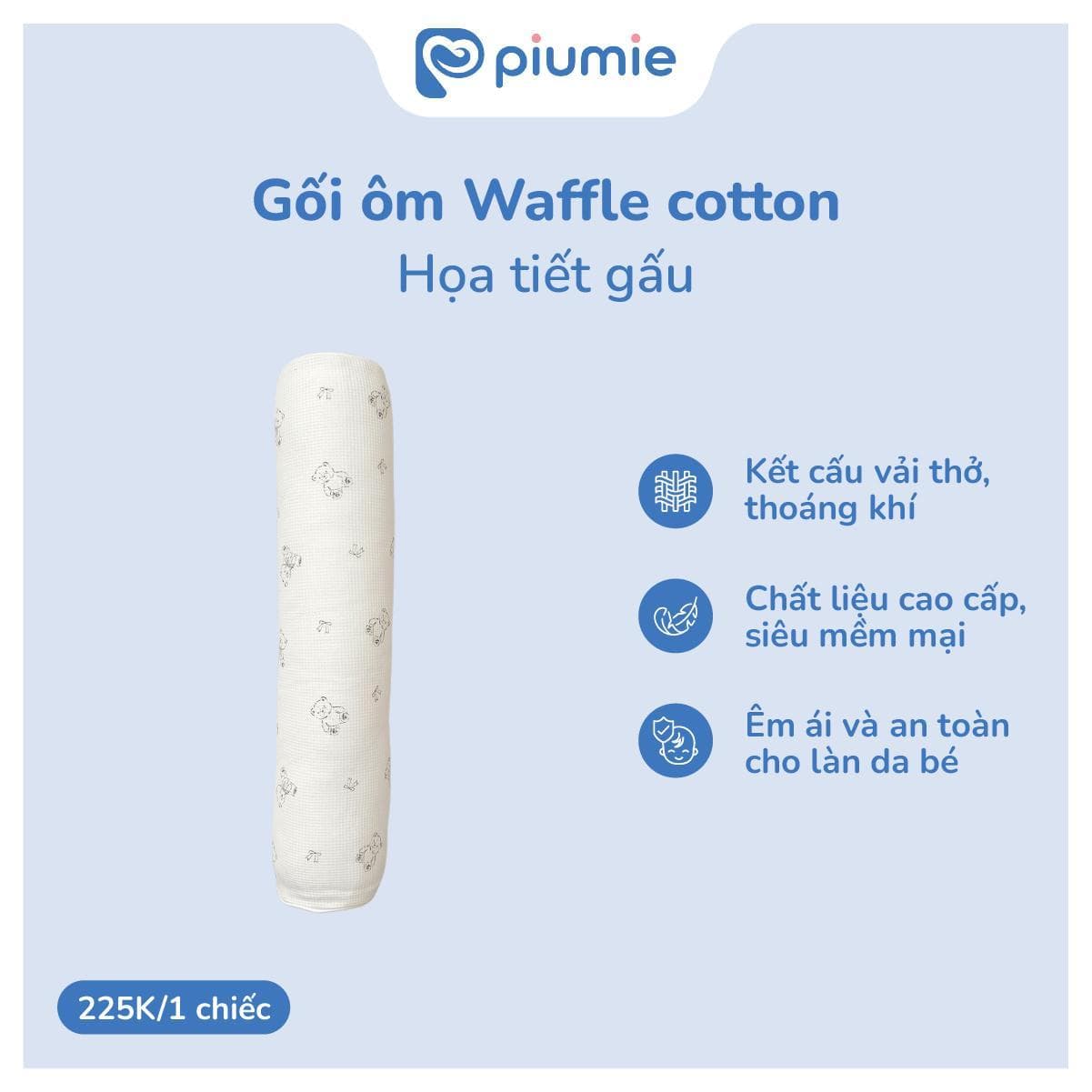 Gối Ôm Mây Waffle Cotton Cao Cấp và Thoáng Mát Cho Bé Size 50×10cm