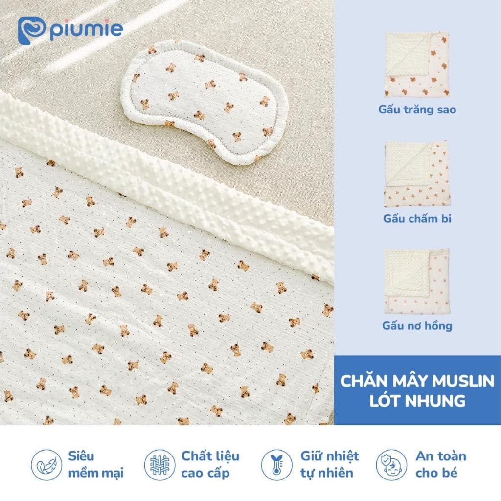 Chăn gối mây Muslin lót nhung hạt đậu size 100×100 dành cho bé – mềm mịn, họa tiết gấu dễ thương