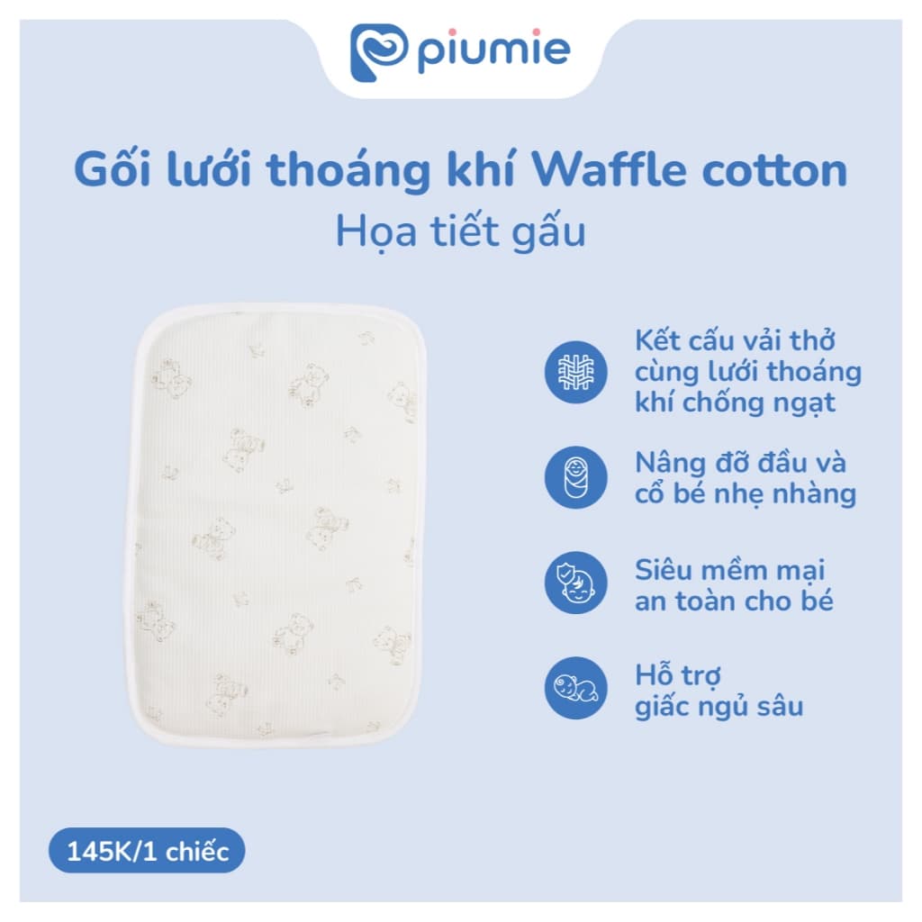 Gối lưới thoáng khí Waffle Cotton size 38x25cm - mềm mát, thoáng khí, an toàn cho da bé