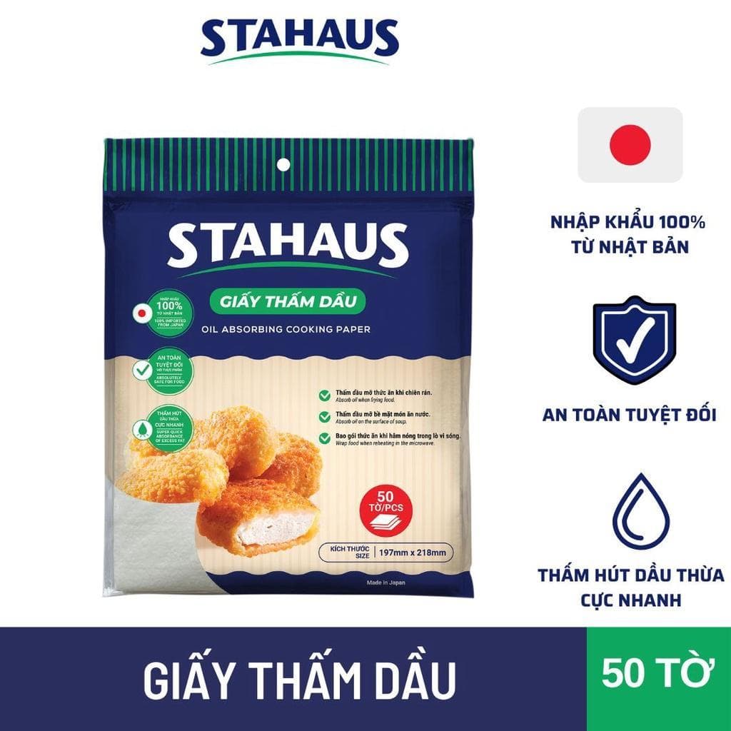 Combo 10 gói (500 tờ) Giấy thấm dầu Thực phẩm STAHAUS 197x218mm 100% Nhập khẩu Nhật Bản - Siêu thấm, An toàn sức khỏe