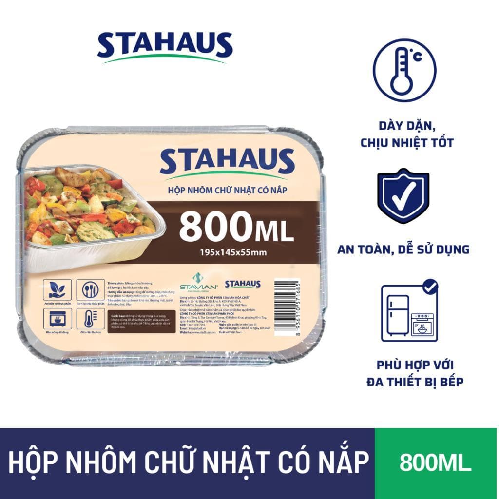 Hộp nhôm chữ nhật Có nắp STAHAUS 600ml/800ml - Nhôm cao cấp Chịu nhiệt tốt, An toàn sức khỏe - Đa năng tiện lợi nấu ăn 3