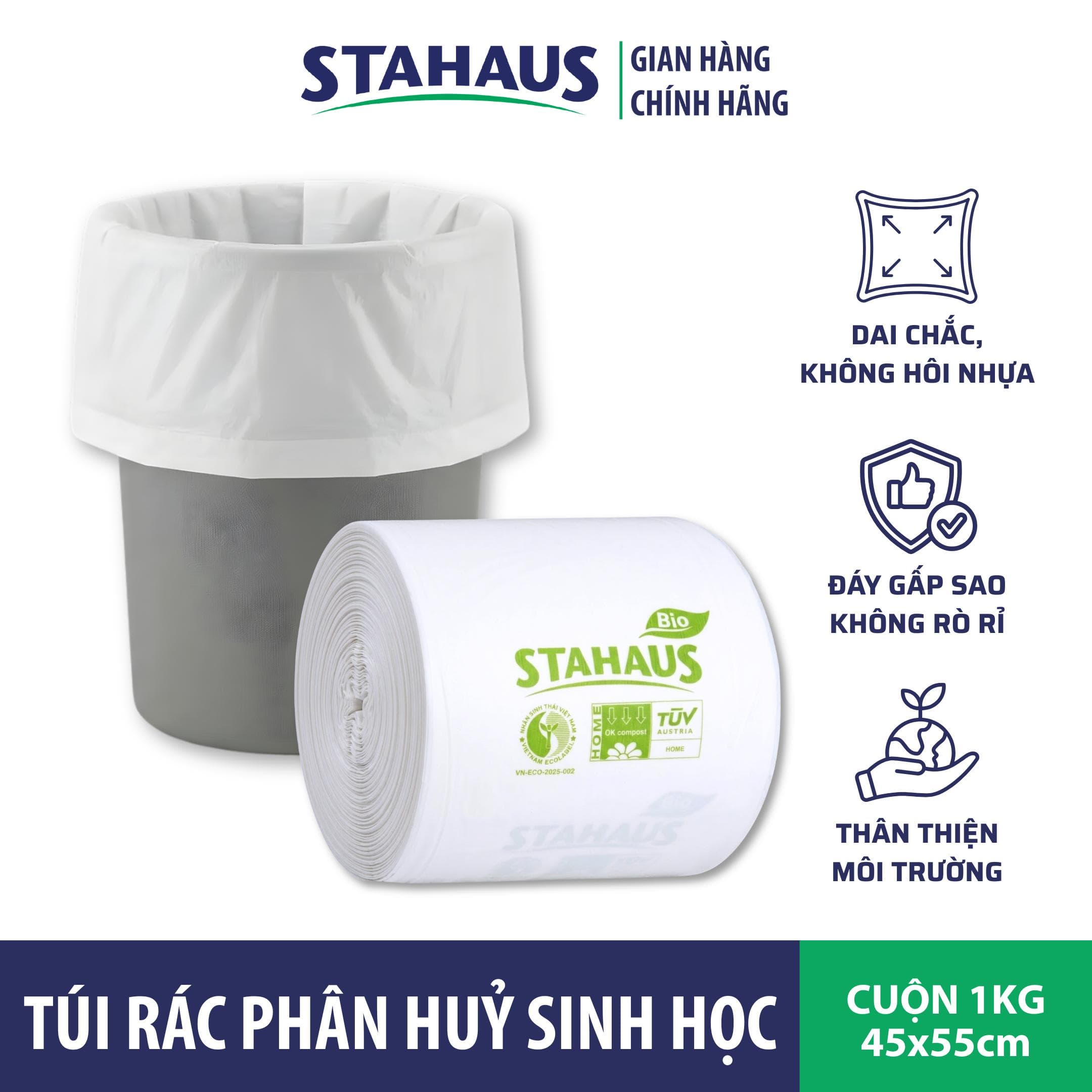 Cuộn 1kg Túi rác đáy gấp sao STAHAUS Phân huỷ sinh học Thân thiện môi trường - Dai chắc, không rò nước, Tiện lợi Vệ sinh