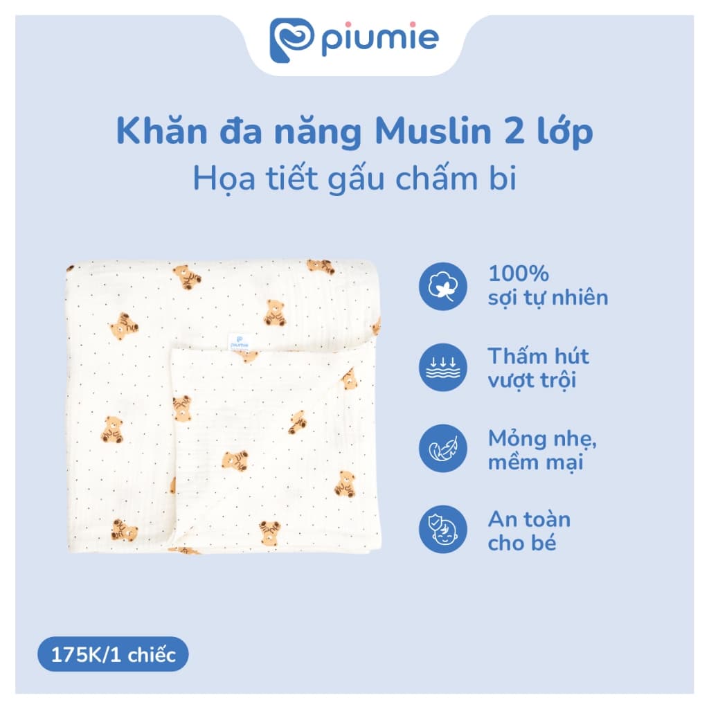 Khăn tắm, choàng ủ muslin cho bé sơ sinh - Khăn đa năng Piumie 2 lớp mềm mượt, thấm hút nhanh
