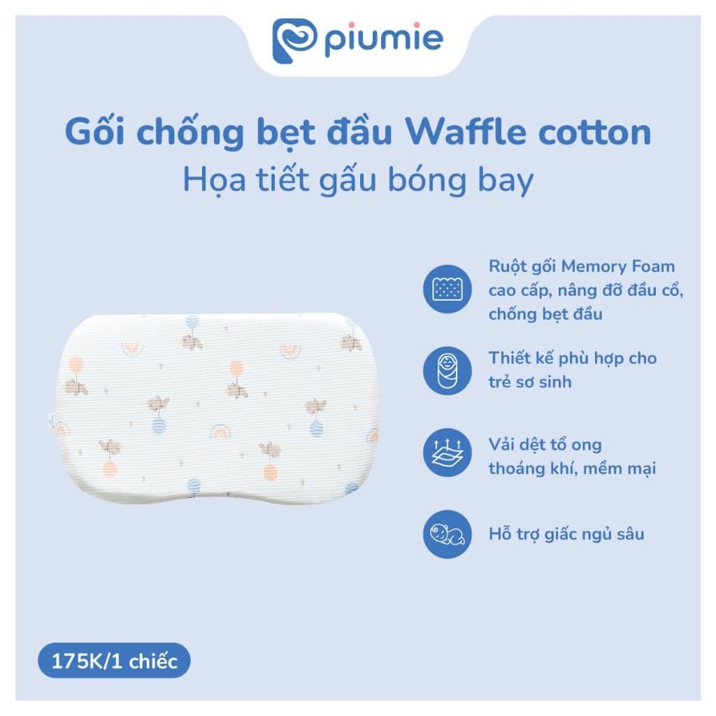 Gối chống méo đầu cho trẻ sơ sinh vải Waffle Cotton Piumie 36x23cm dày 2,5cm 4