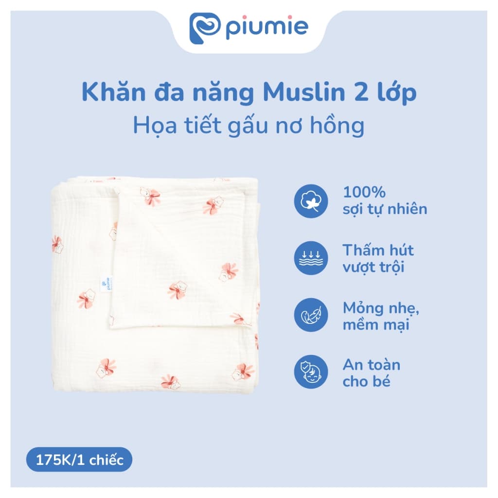Khăn tắm, choàng ủ muslin cho bé sơ sinh - Khăn đa năng Piumie 2 lớp mềm mượt, thấm hút nhanh 3