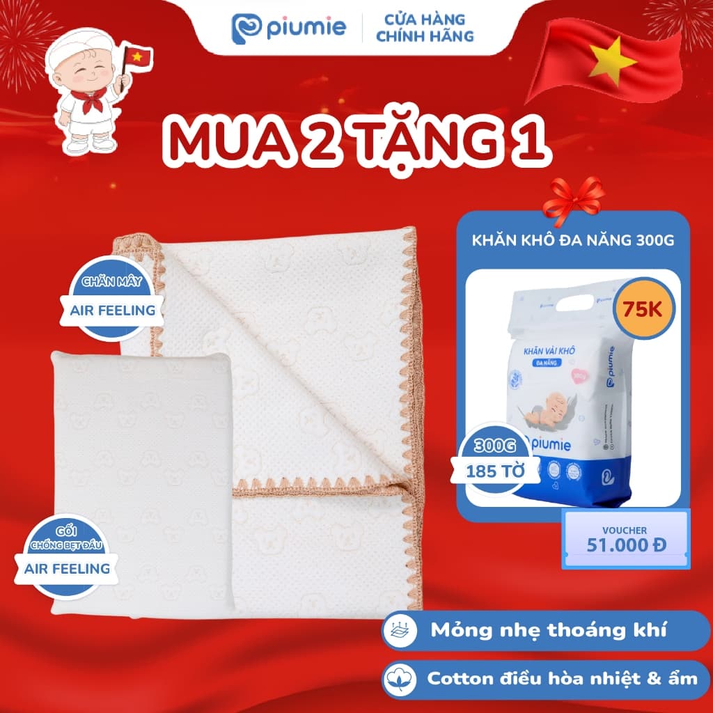 Bộ chăn gối ngủ Waffle Air Feeling 3 món – chăn mây, gối chống bẹt đầu, gối ôm cho bé