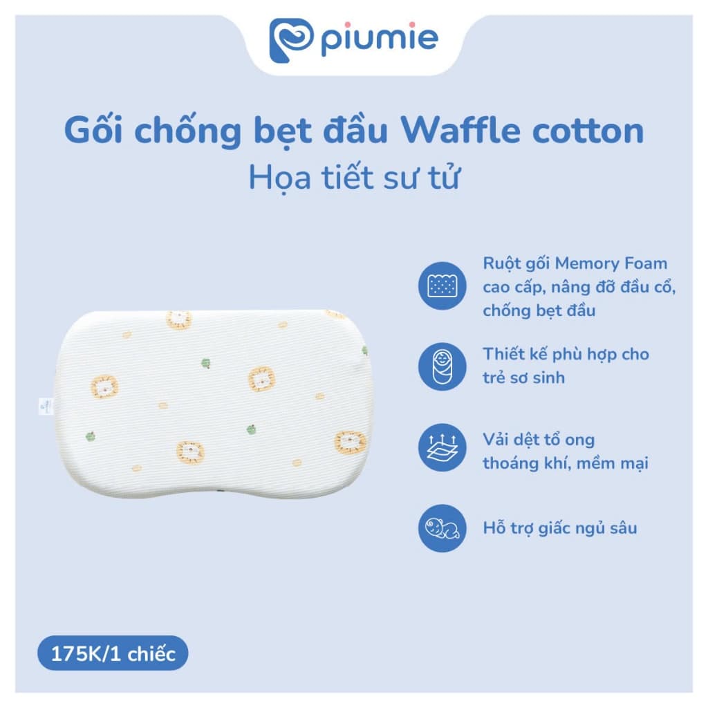 Gối chống méo đầu cho trẻ sơ sinh vải Waffle Cotton Piumie 36x23cm dày 2,5cm 3