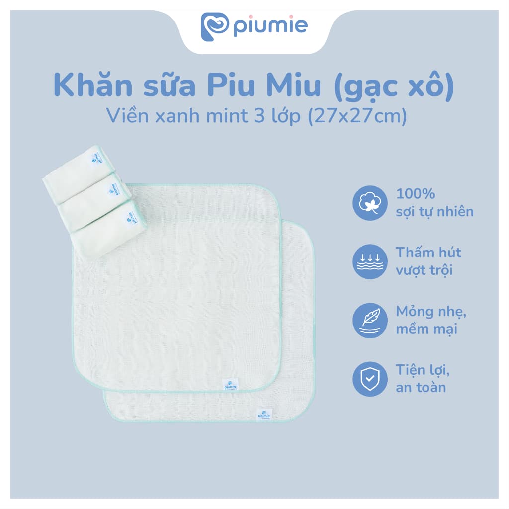 <Combo 3 - 30 Khăn>Set 10 Khăn sữa xô Piumie 3 lớp cho bé sơ sinh - 100% Cotton tự nhiên, an toàn, mềm mại, thấm hút cao