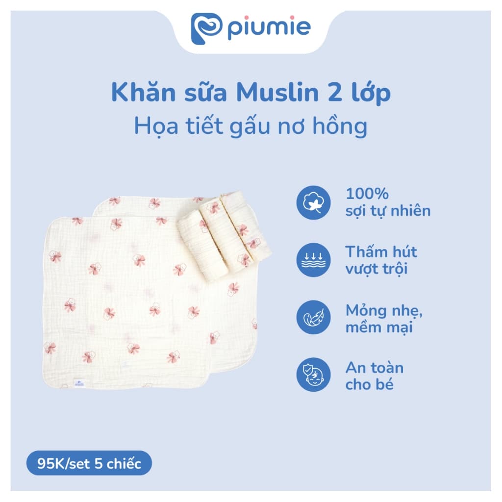 <Combo 3 hộp - 15 khăn> Hộp 5 Khăn sữa muslin Piumie 2 lớp cho bé sơ sinh - Cotton muslin cao cấp, mỏng nhẹ thoáng khí 3