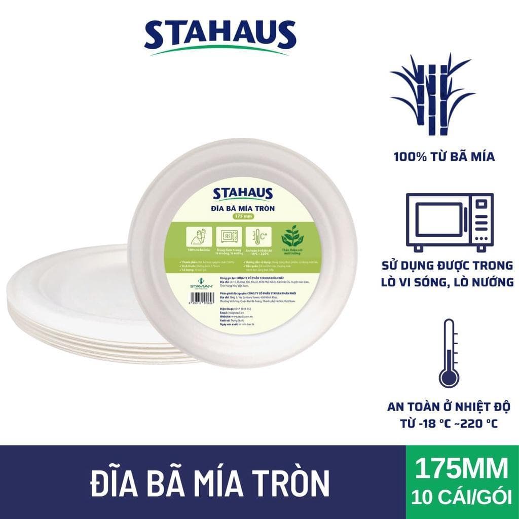 Đĩa bã mía tròn STAHAUS 10 cái 175mm 100% Xơ tự nhiên, Cứng cáp Chịu nhiệt tốt, Thân thiện môi trường
