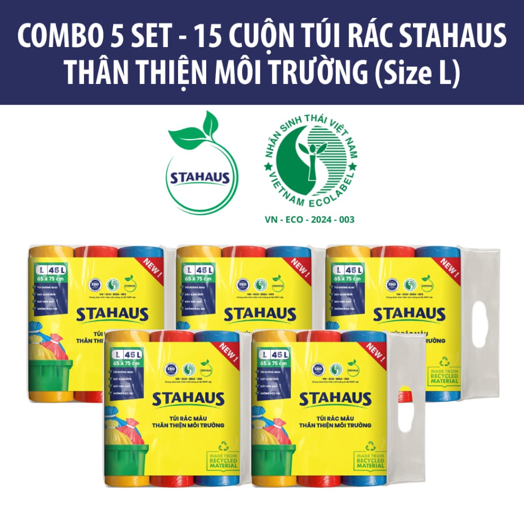 Túi rác có màu tự phân hủy STAHAUS Siêu dai chắc, Ngăn rò nước, Tiện lợi Vệ sinh - Set 3 cuộn Thân thiện Môi trường 7