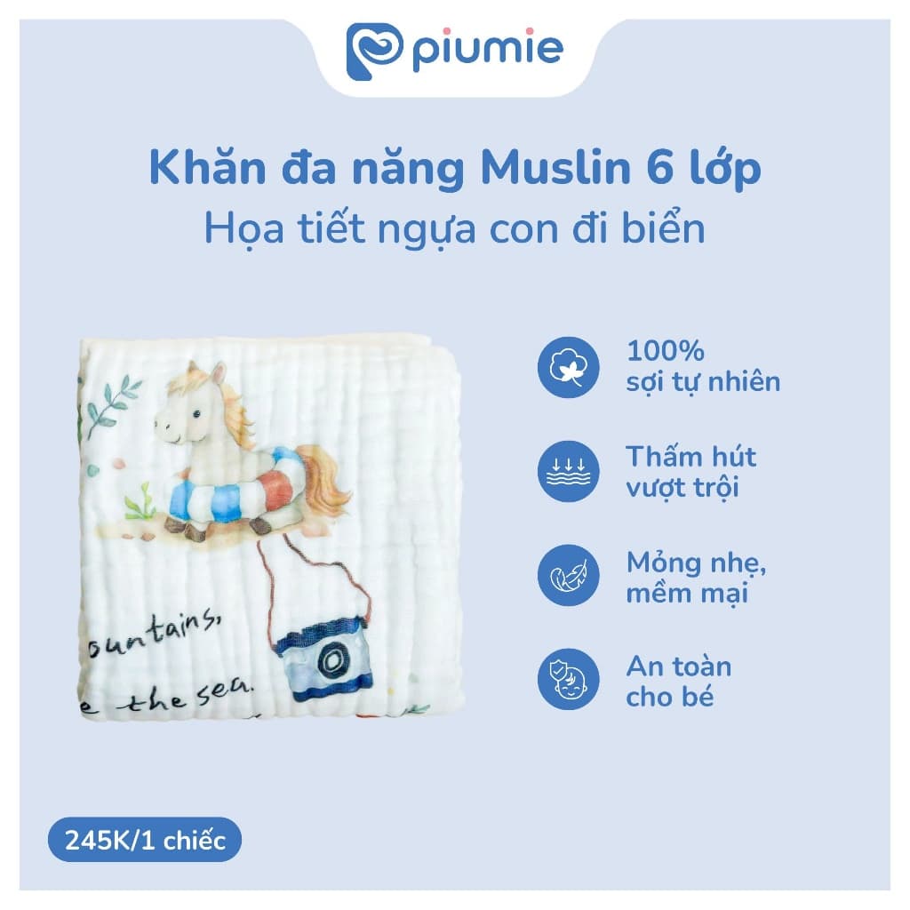(Combo 3 Khăn) Khăn tắm, choàng ủ muslin nhăn cho bé sơ sinh - Khăn đa năng Piumie 6 lớp, vải cao cấp mềm, thoáng khí 7