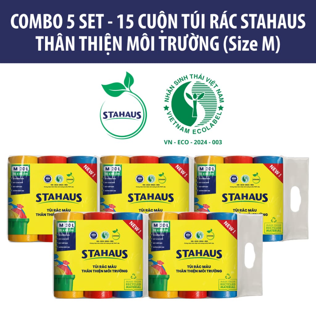 Túi rác có màu tự phân hủy STAHAUS Siêu dai chắc, Ngăn rò nước, Tiện lợi Vệ sinh - Set 3 cuộn Thân thiện Môi trường 5