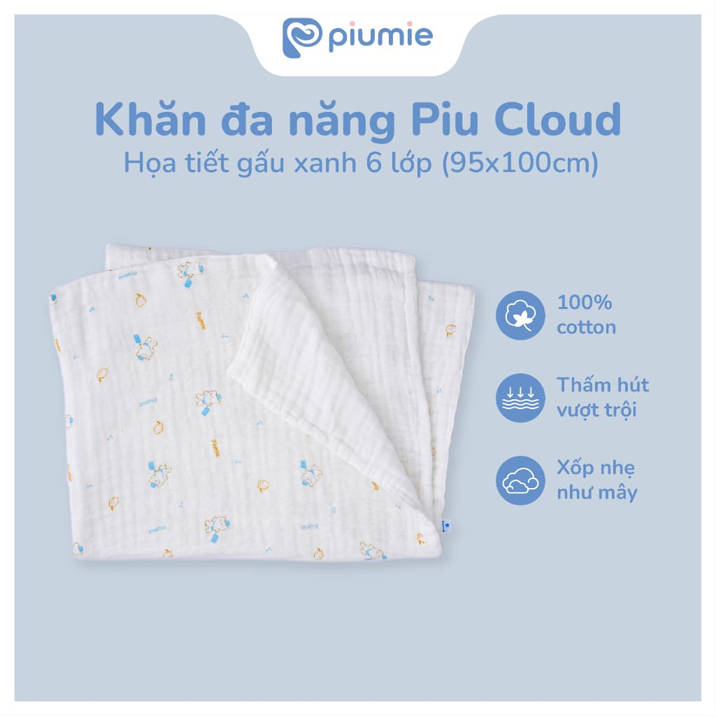 (Combo 3 Khăn) Khăn tắm, choàng ủ muslin nhăn cho bé sơ sinh - Khăn đa năng Piumie 6 lớp, vải cao cấp mềm, thoáng khí
