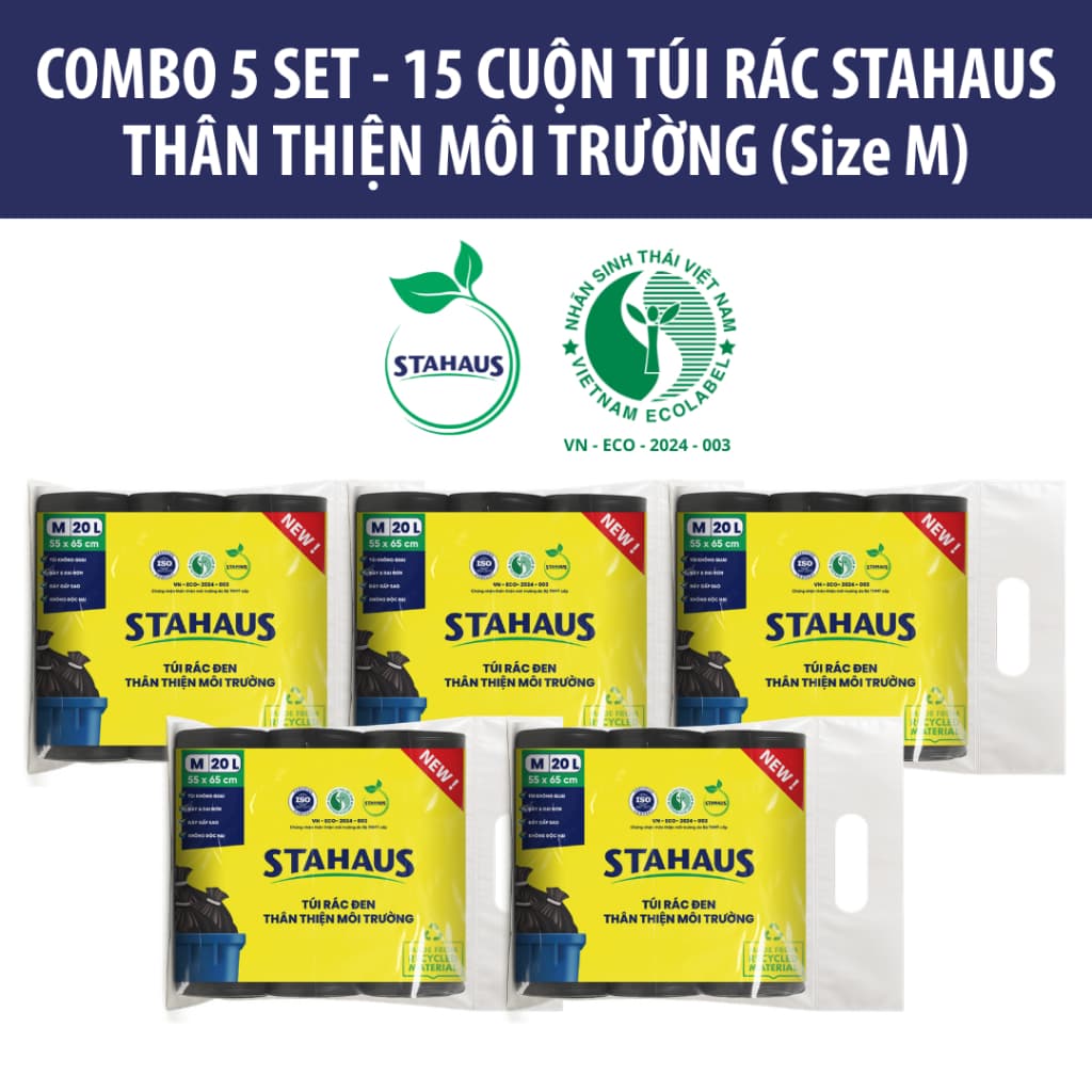 Combo 5 Set 15 Cuộn Túi rác tự phân hủy STAHAUS Siêu dai chắc, Ngăn rò nước, Tiện lợi Vệ sinh - Thân thiện Môi trường 7