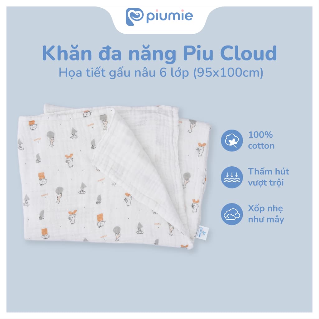 (Combo 3 Khăn) Khăn tắm, choàng ủ muslin nhăn cho bé sơ sinh - Khăn đa năng Piumie 6 lớp, vải cao cấp mềm, thoáng khí 3