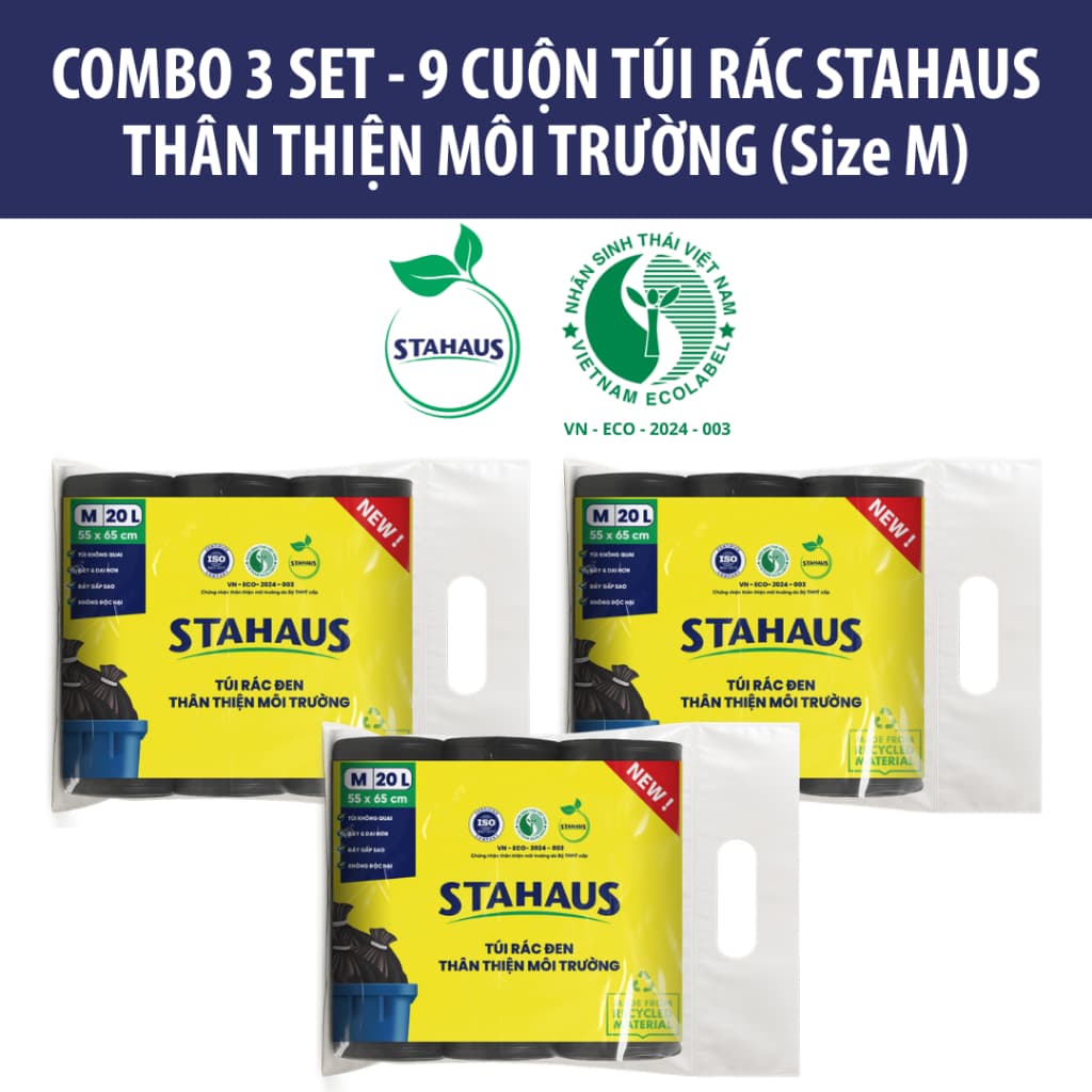 Combo 5 Set 15 Cuộn Túi rác tự phân hủy STAHAUS Siêu dai chắc, Ngăn rò nước, Tiện lợi Vệ sinh - Thân thiện Môi trường 6
