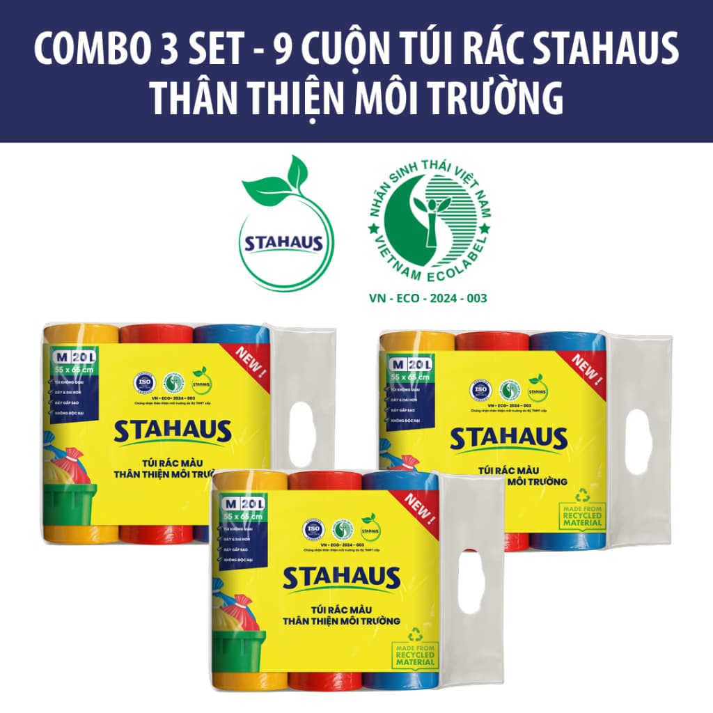 Túi rác có màu tự phân hủy STAHAUS Siêu dai chắc, Ngăn rò nước, Tiện lợi Vệ sinh - Set 3 cuộn Thân thiện Môi trường 4