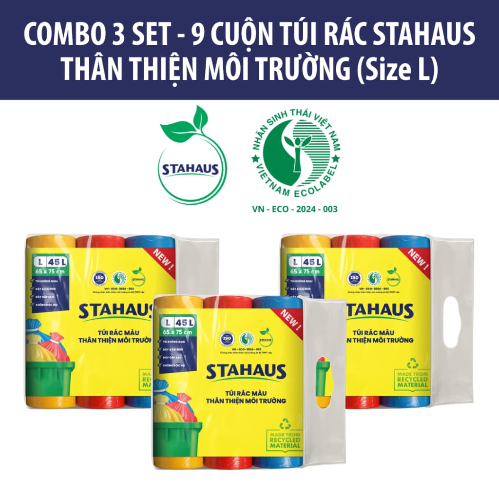 Túi rác có màu tự phân hủy STAHAUS Siêu dai chắc, Ngăn rò nước, Tiện lợi Vệ sinh - Set 3 cuộn Thân thiện Môi trường 6