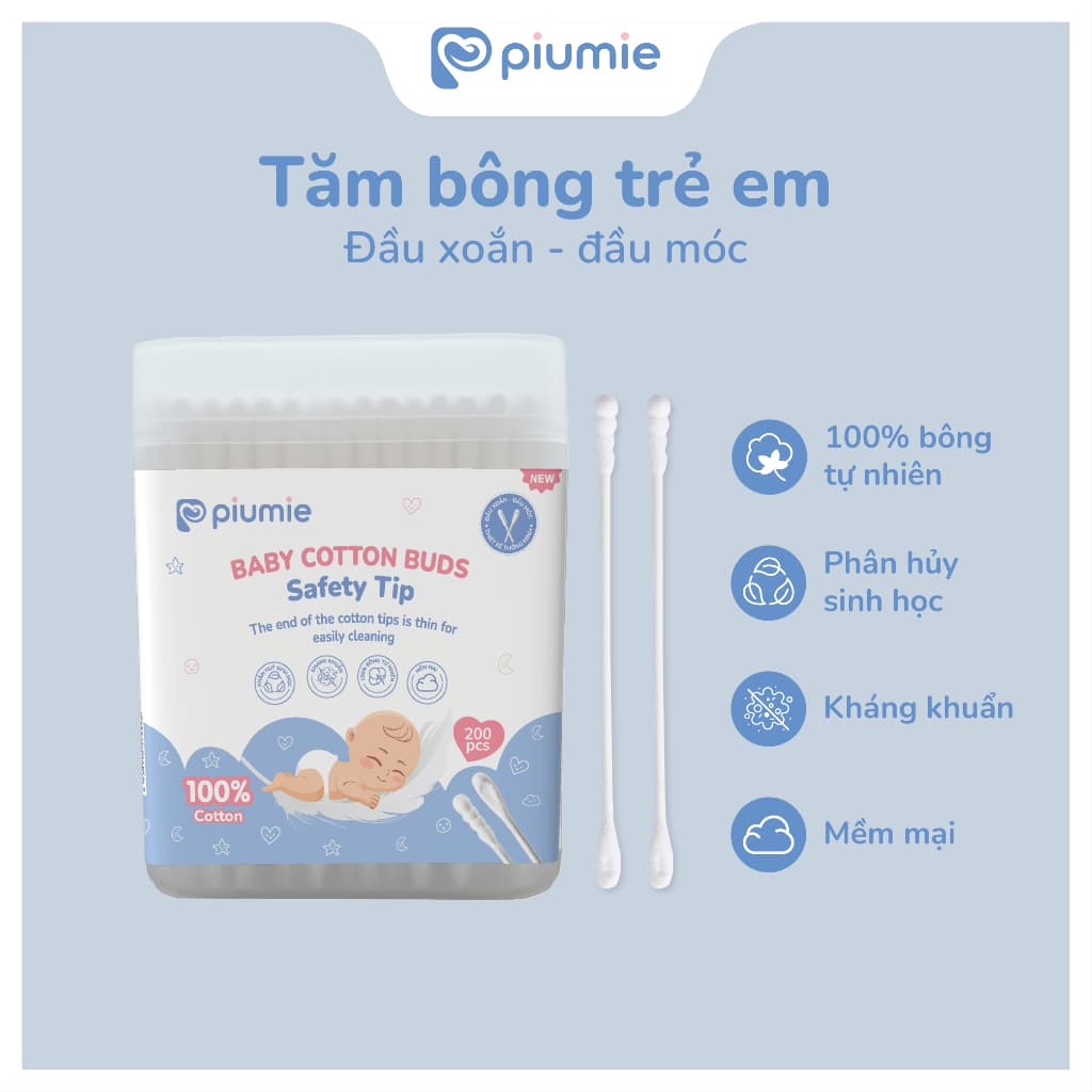 (Combo 5 hộp) Tăm bông trẻ em Piumie 2 đầu vệ sinh tai mũi, an toàn & lành tính cho trẻ sơ sinh - Hộp 200c 3