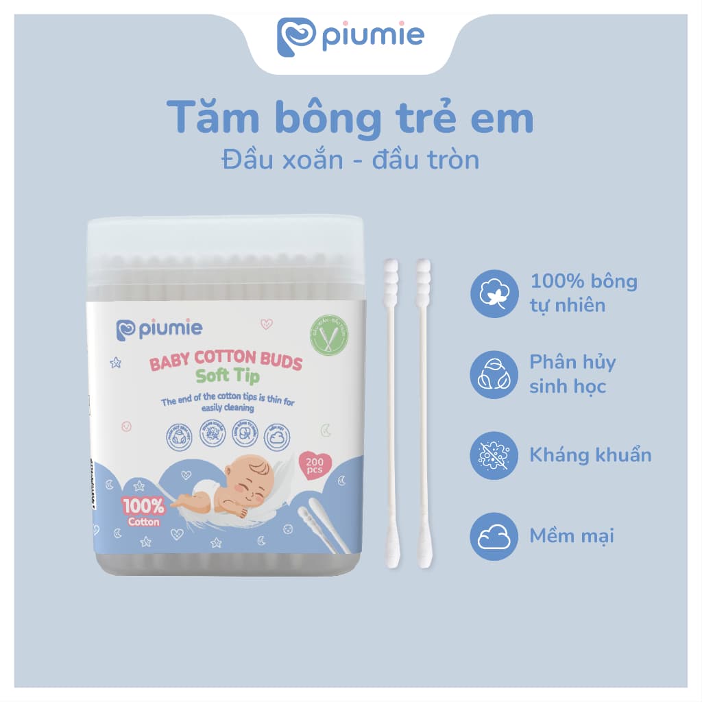 (Combo 5 hộp) Tăm bông trẻ em Piumie 2 đầu vệ sinh tai mũi, an toàn & lành tính cho trẻ sơ sinh - Hộp 200c
