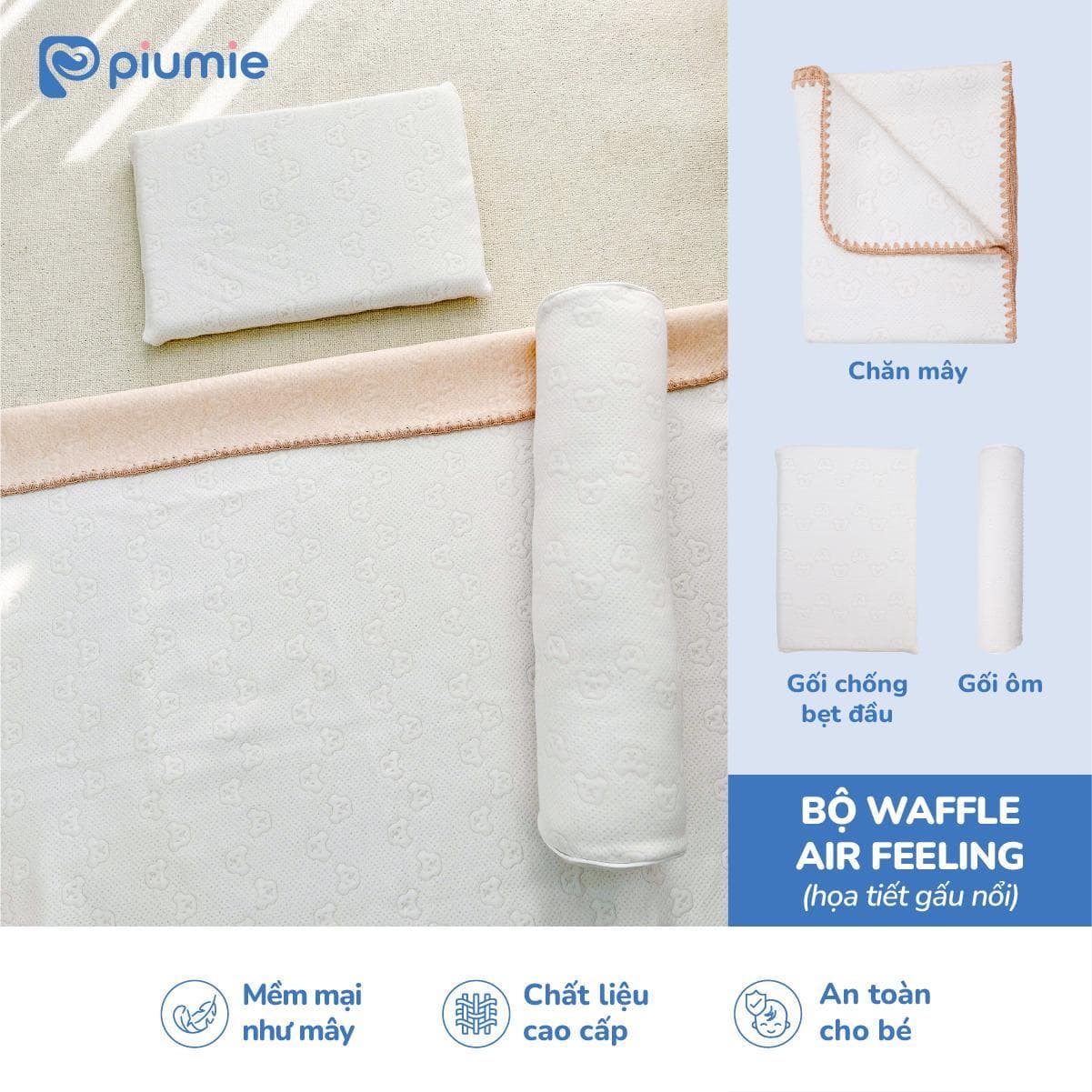 Bộ chăn gối ngủ Waffle Air Feeling 3 món – chăn mây, gối chống bẹt đầu, gối ôm cho bé